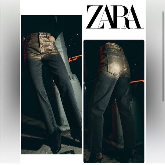 Zara Black and Metallic Gold HIGH WAIST Z1975 STRAIGHT LEG FOIL JEANS - Picture 1 of 11